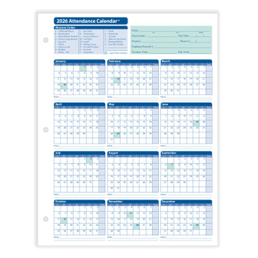 2026 Attendance Calendar (item # A4000W50), white, pack of 50