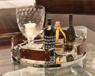 Leather and Silver Bits on a mirrored tray.
Perfect for a wet bar or serving your guests in style.
