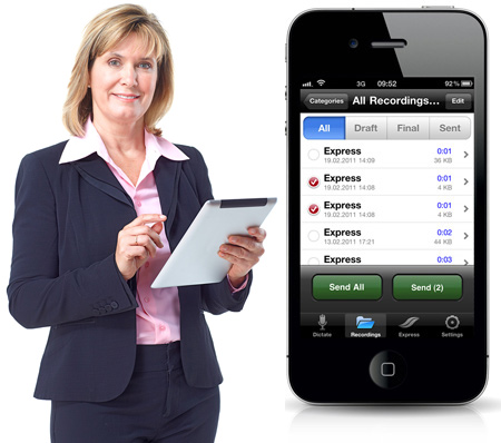 Business woman holding iPad and picture of iPhone running Philips Recorder