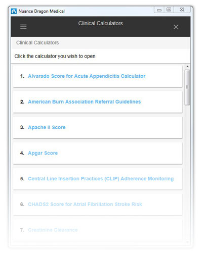 Image of a the clinical calculator application in Dragon Medical One.