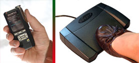 Olympus DS-9500 in a hand next to image of a foot pedal