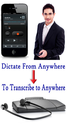 Mobile Phone and Man dictating with it then dictation sent to transciptionist symbolized by the footpedal image