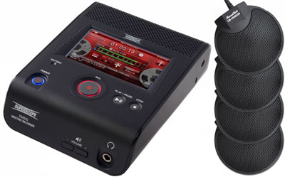 Showing angled view of the PMR61 Superscope Digital Audio Recorder plus four CM-1000 microphones