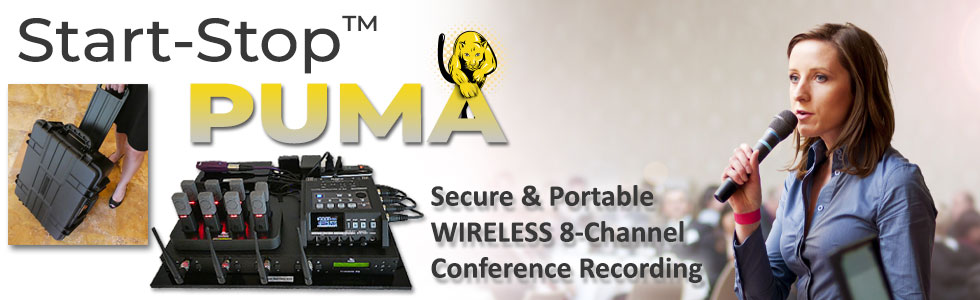 Banner image for Start-Stop PUMA Secure Portable Wireless 8-Channel Conference Recording System showing the PUMA at use in a conference setting.