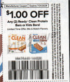 Ready Clean Protein Bars or Kids Bars exp Wed 7/31/24 SS 5-19 (save $1.00 wyb 2)