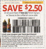 Torani Syrup or Sauce exp Tue 12/31/24 SV 6-23 (save $2.50 wyb 2)