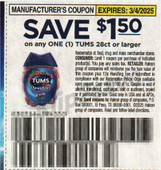 Tums 28ct+ exp Tue 3/4/25 SV 2-2 (save $1.50)