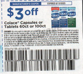 Colace Capsules or Tablets 60ct or 100ct exp Wed 8/13/25 SV 7-13 (save $3.00)