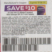 Allegra Gelcaps 60ct or Tablets 70ct - 110ct exp Sat 9/6/25 SV 8-24 (save $10.00)