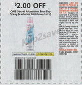 Secret Aluminum Free Dry Spray exp Sat 9/27/25 SV 9-7 (save $2.00)