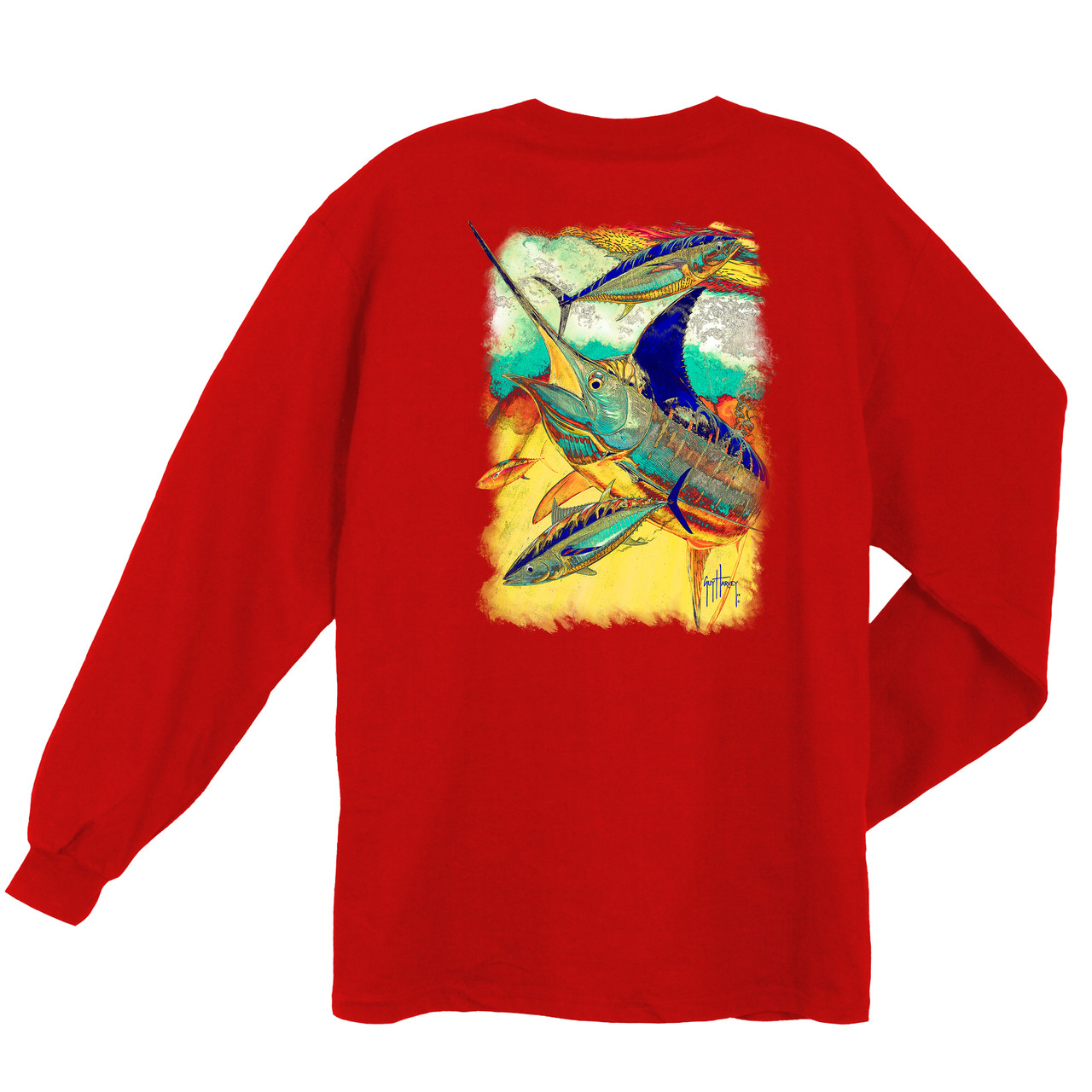 Guy Harvey Zig Zag Back-Print Men's Long Sleeve Tee, w/Pocket in Red