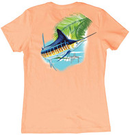 Guy Harvey Marlin Paradise  Women's Classic Crew Back-Print Tee with Front Signature in Light Orange