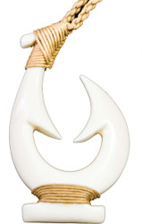 Carved Bone Double-Barb Large Hawaiian Hook and Cord Necklace
