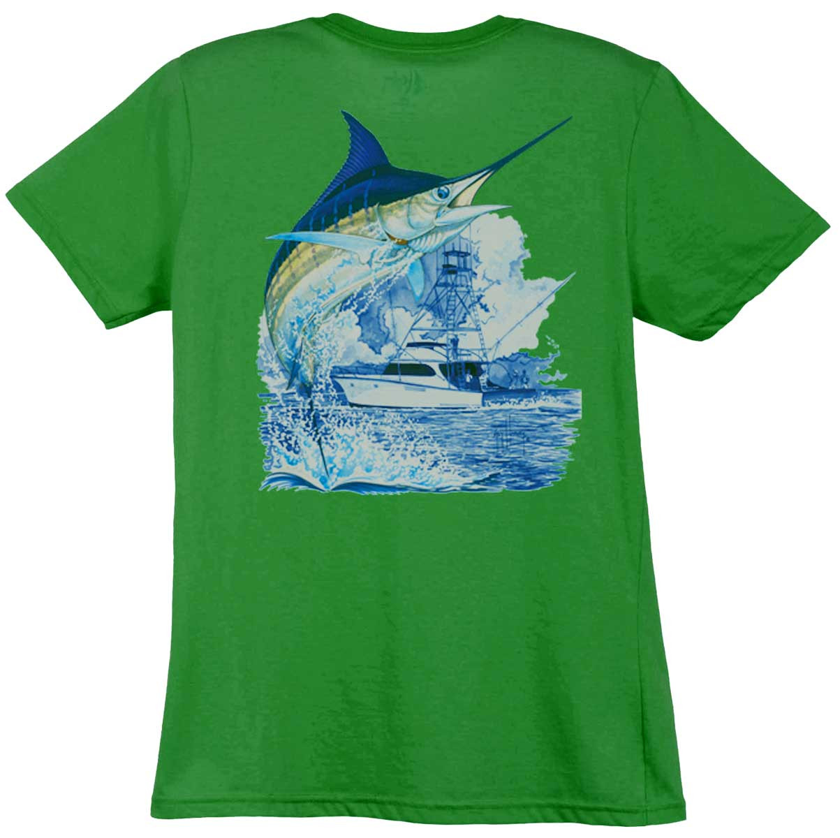 Guy Harvey Marlin Boat Ladies Back-Print T-Shirt in Green