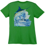 Guy Harvey Marlin Boat Ladies Back-Print Tee with Front Signature in Green or Dark Pink