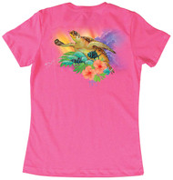 Guy Harvey Turtle Hibiscus Women's Classic Crew Back-Print Tee with Front Signature in Hot Pink