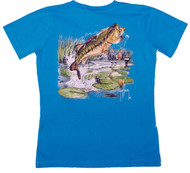 Guy Harvey Lunker Landing Back-Print Ladies V-Neck Tee with Front Signature in Turquoise, Key Lime or Yellow