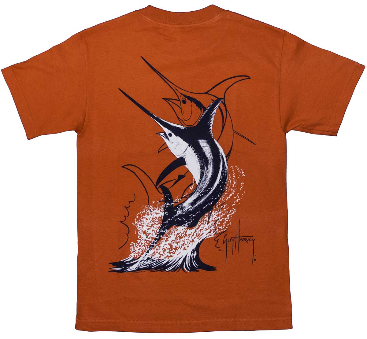 Guy Harvey Swordfish Strike Men's Back-Print Tee in White & Black on a  Burnt Orange Shirt