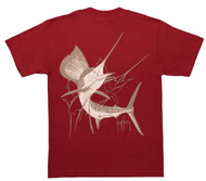 Guy Harvey Sailfish Dash Men's Back-Print Pocketless Tee in White & Gray on a Tide Red Shirt
