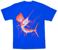 Guy Harvey Sailfish Dash Men's Back-Print Pocketless Tee in Orange & White on a Royal Blue Shirt