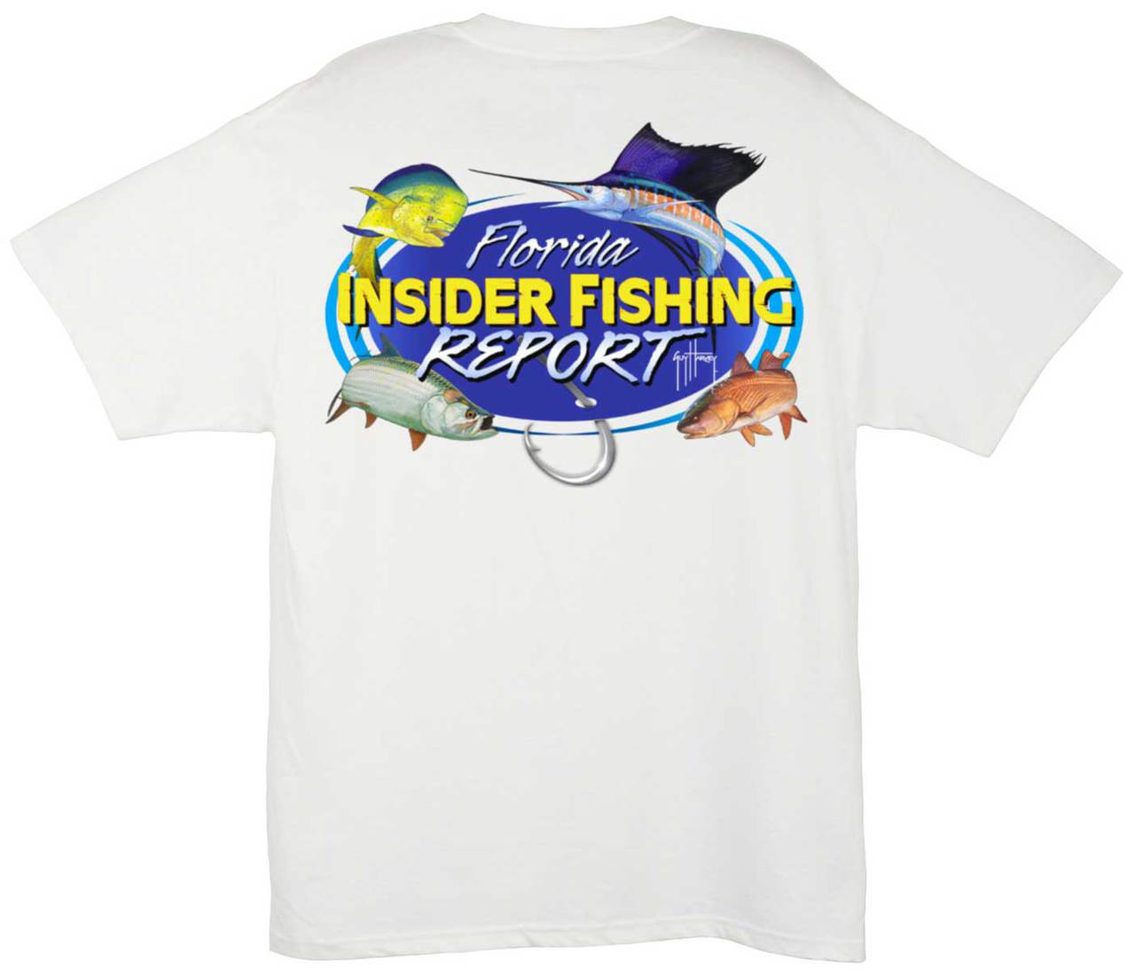 Guy Harvey Florida Insider Fishing Report Men's Back-Print Tee, w/Pocket,  in White