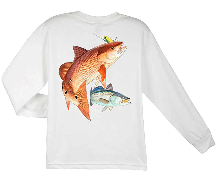 Guy Harvey Redfish Seatrout Long Sleeve Boys Tee Shirt in White, Yellow or  Navy