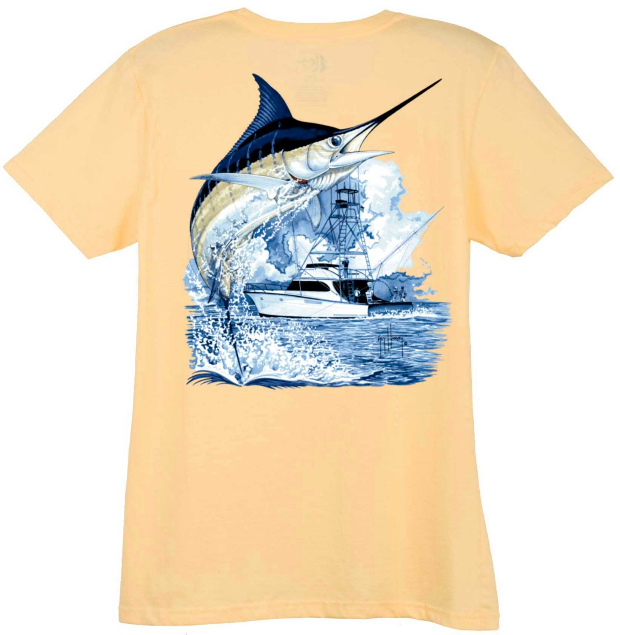Guy Harvey Marlin Boat Ladies Back-Print Tee with Front Signature in Mint,  Caribbean Blue, Black, Yellow or Iris