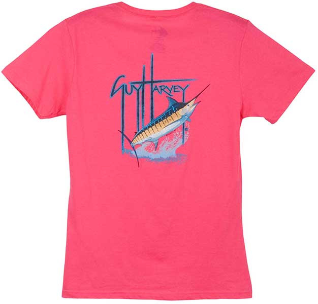 Guy Harvey GH Blue Ladies Back-Print Tee with Front Signature in Raspberry,  White or Yellow