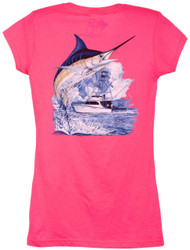 Guy Harvey Marlin Boat Back-Print Junior Ladies Tee with Front Faux Pocket in Raspberry, Yellow, White or Turpuoise