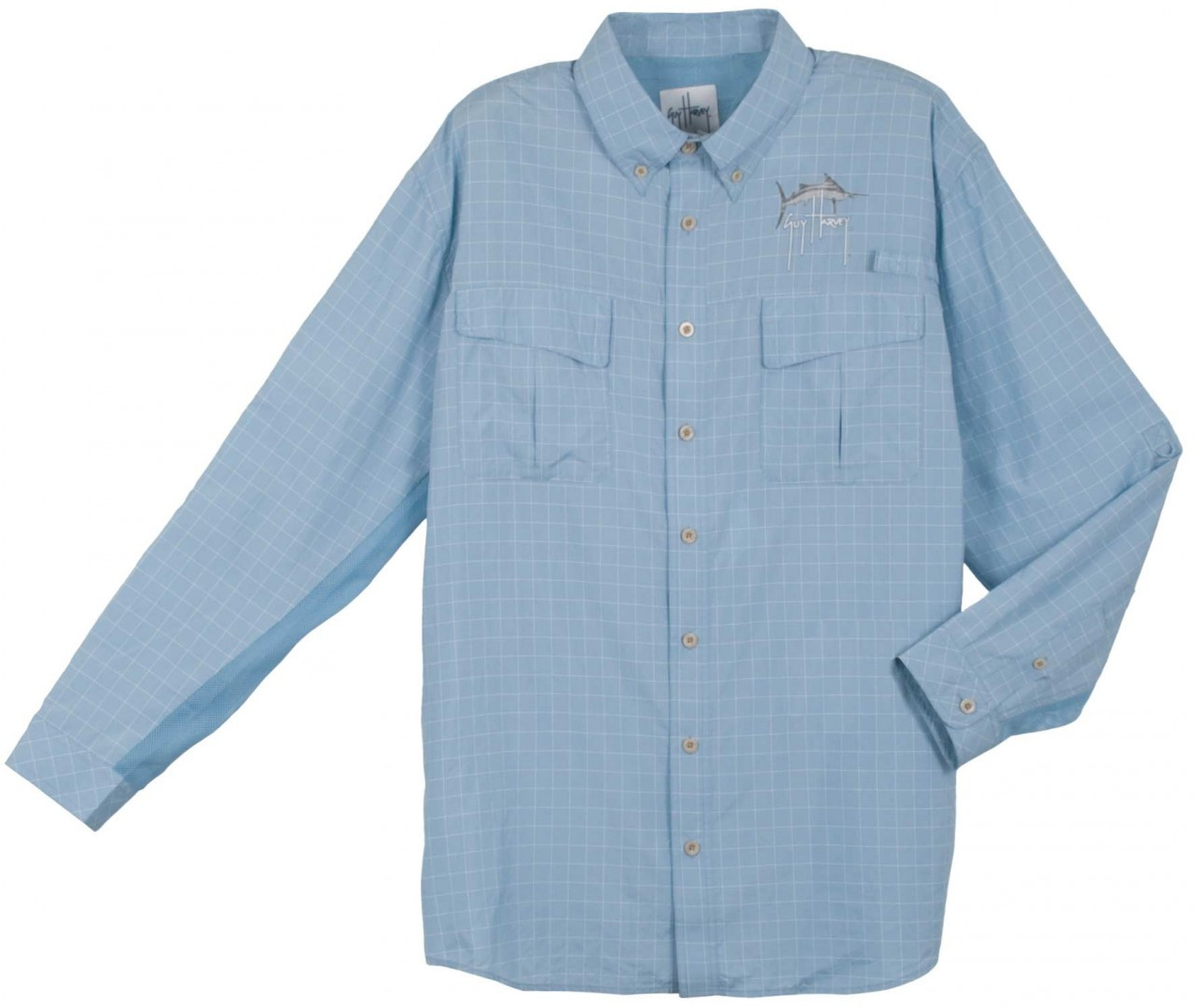 Guy Harvey Marlin Plaid Long Sleeve Technical Fishing Shirt in Blue,  Charcoal, Gray or Tan