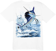 Guy Harvey Sailfish Boat Ladies Back-Print Tee with Front Signature in White or Spring Yellow