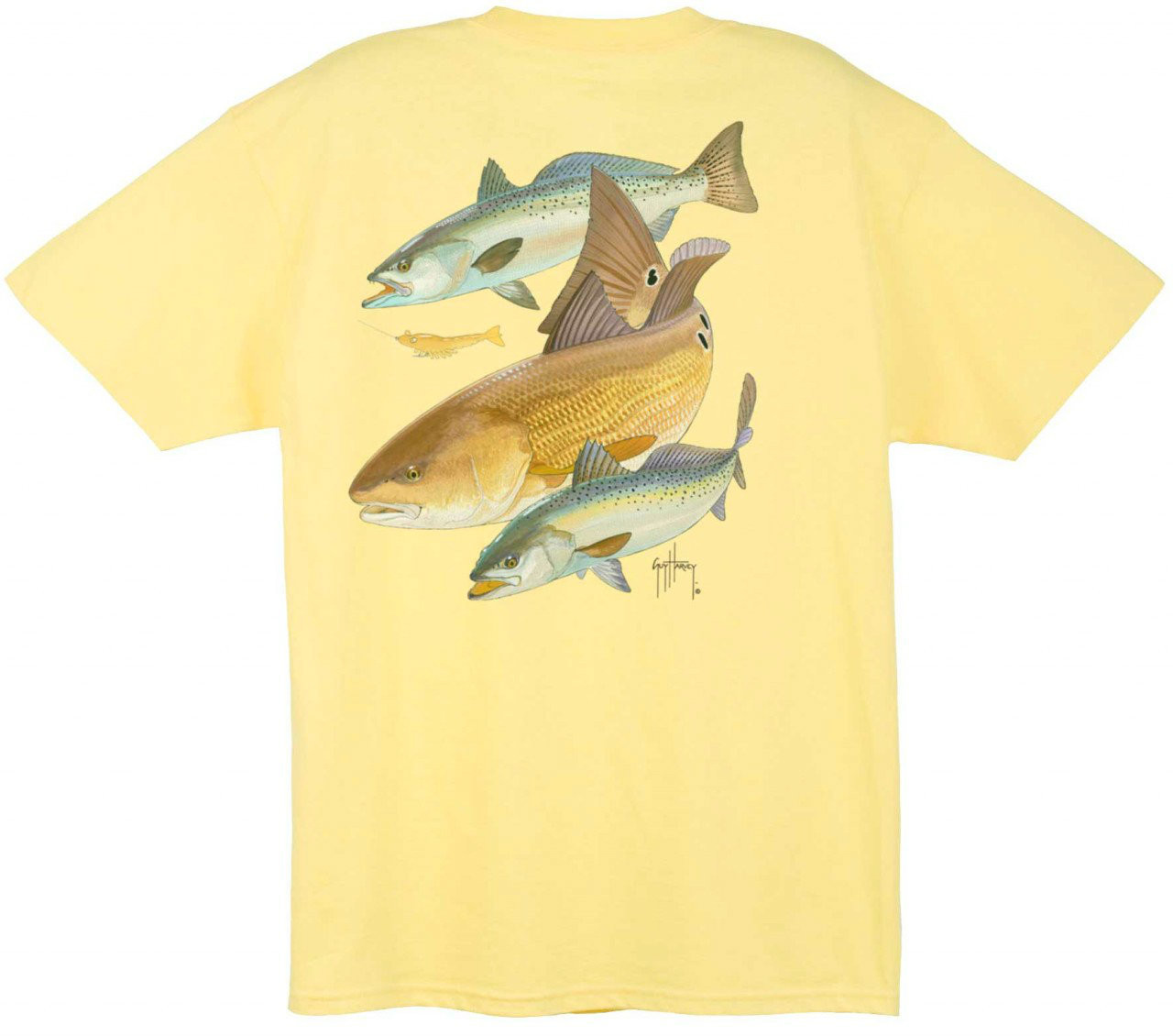 Guy Harvey Redfish Two Seatrout Back-Print Tee w/ Pocket in Ocean Blue,  White, Yellow or Denim Blue