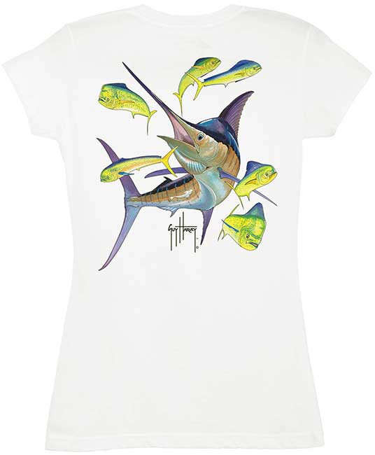 Guy Harvey Marlin Dolphin Back-Print Junior Ladies Tee with Front Faux  Pocket in White or Raspberry