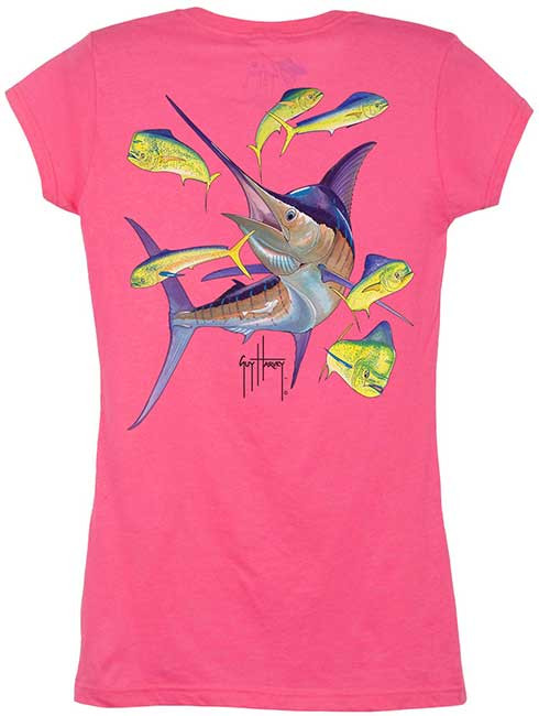 Guy Harvey Marlin Dolphin Back-Print Junior Ladies Tee with Front Faux  Pocket in White or Raspberry