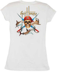 Guy Harvey Pirate Shark Back-Print Junior Ladies Tee with Front Faux Pocket in  White