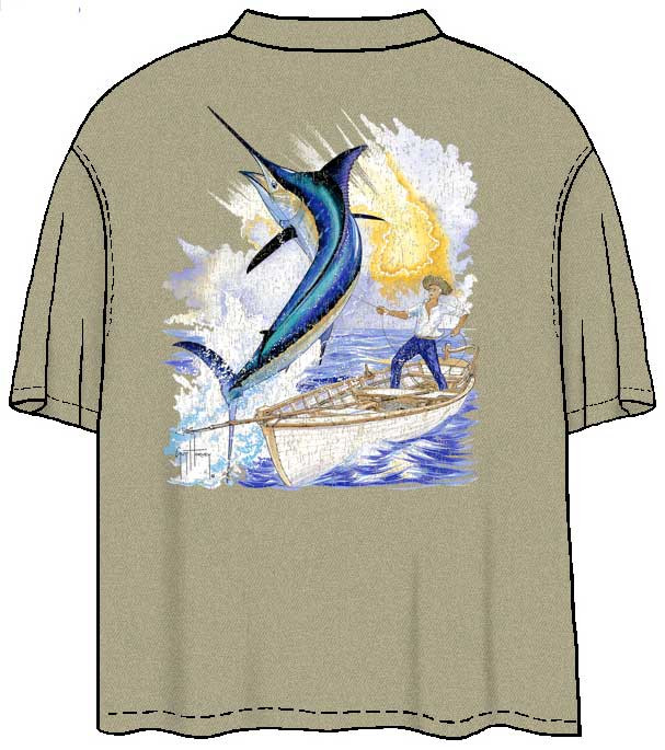 Guy Harvey Vintage Old Man Back-Print Men's Tee w/ Pocket in Vintage Khaki