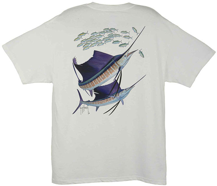 Guy Harvey Offshore Boat Men's Back-Print Tee w/ Pocket in White or Denim  Blue