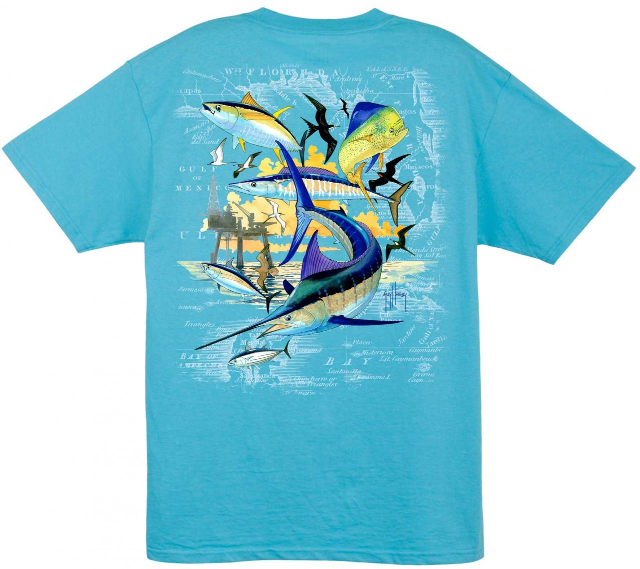 Guy Harvey Oil Rig Collage Men's Back-Print Tee w/ Pocket in White or Aqua  Blue