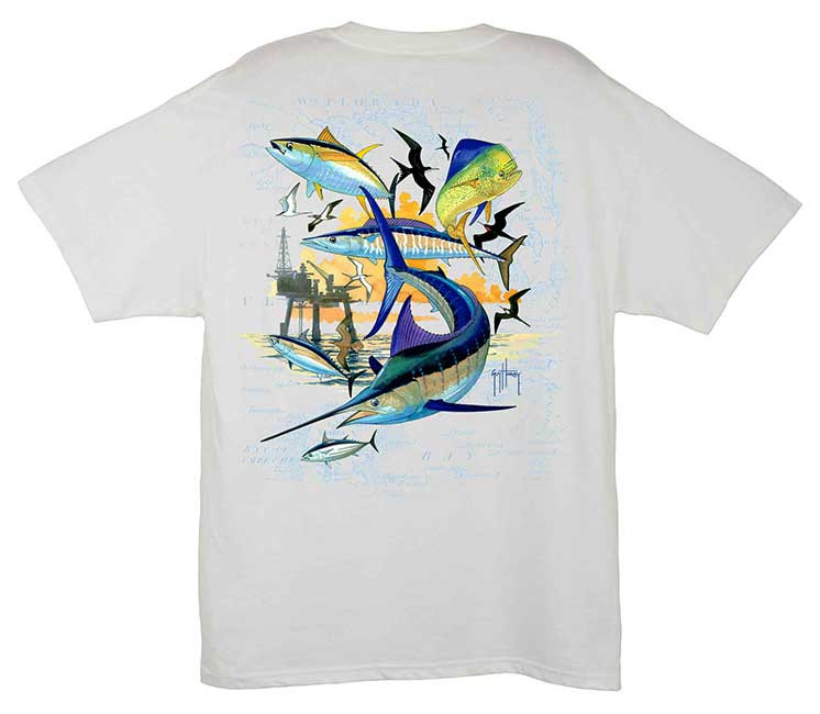 Guy Harvey Oil Rig Collage Men's Back-Print Tee w/ Pocket in White or Aqua  Blue