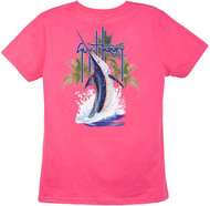 Guy Harvey Palm Tree Splash Ladies Back-Print Tee with Front Signature in Green, Raspberry, Yellow, Banana Cream, Cancun or Hot Pink