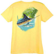 Guy Harvey Marlin Paradise Ladies Back-Print Tee with Front Signature in Caribbean Blue, Raspberry or Yellow
