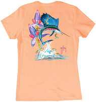 Guy Harvey Sailfish Launch  Women's Classic Crew Back-Print Tee with Front Signature in Lite Orange or Hot Pink
