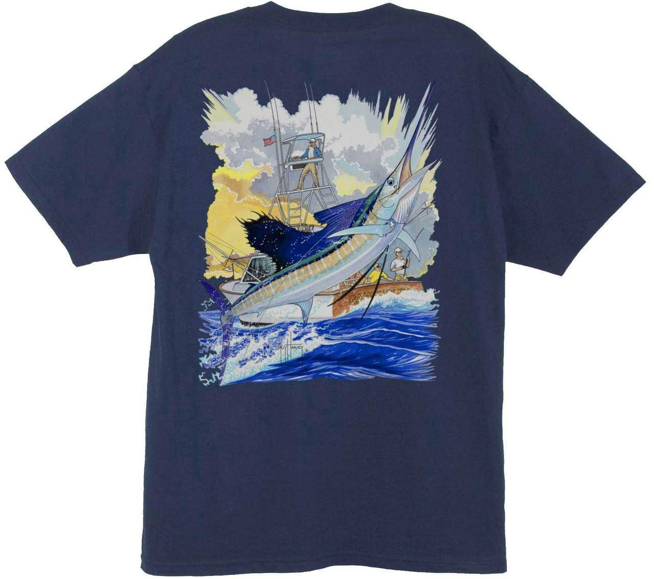 Guy Harvey Sailfish Boat Men's Back-Print Tee, w/ Pocket, in Navy Blue,  Ocean Blue or White