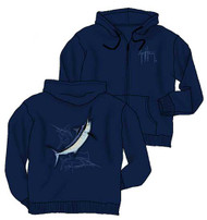 Guy Harvey Billfish Slam Men's Back-Art Fleece Zip-Front Hoodie in Navy Blue or Brown