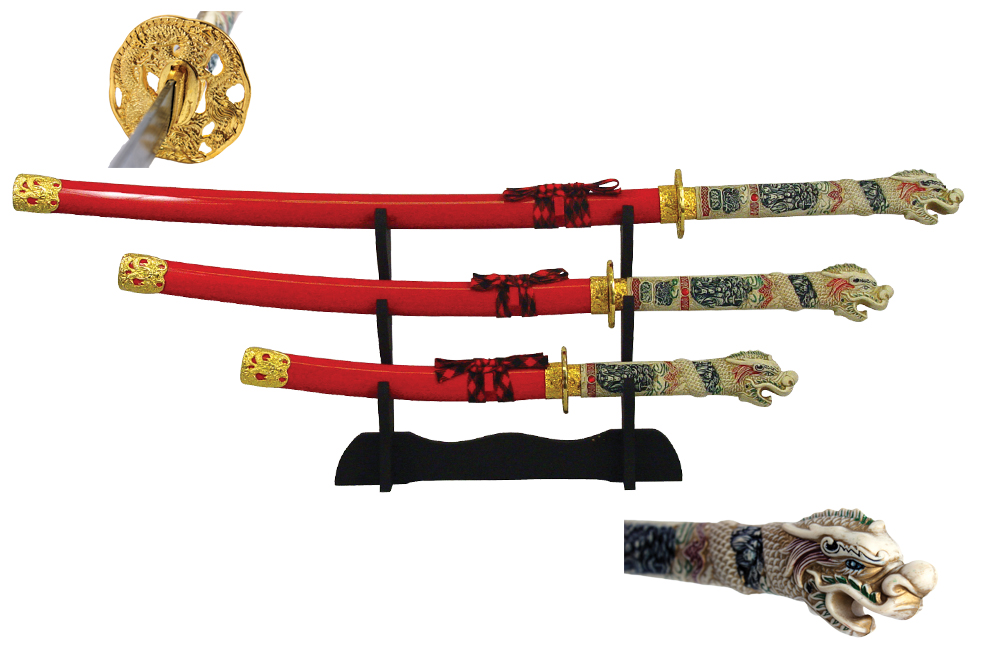 4 Pcs Open Mouth Dragon Samurai Katana Sword Set with Red Scabbard Brand New