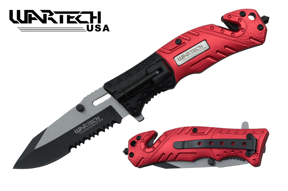 Wartech 8" Tactical Assisted Folding Knife with LED Light Red