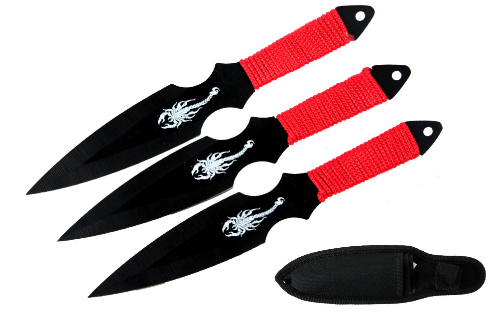 6.5 Black Scorpion Throwing Knives with Red Cord Wrapped Handle