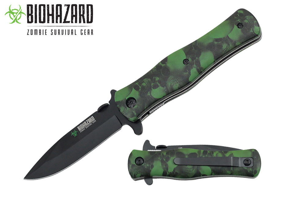Biohazard Zombie Survival Knife Assisted Opening Rescue Green Skull Heads
