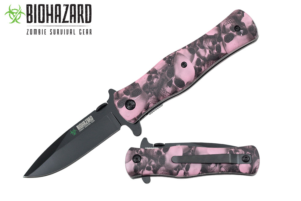 Biohazard Zombie Survival Knife Assisted Opening Rescue White Skull Heads