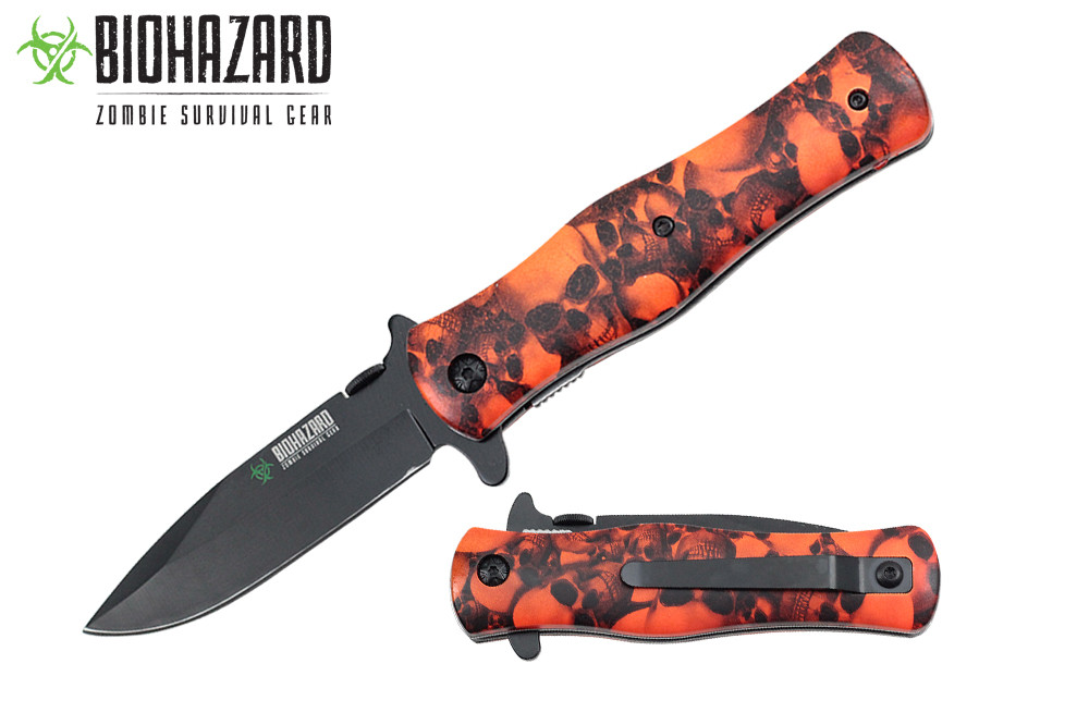 Biohazard Zombie Survival Knife Assisted Opening Rescue White Skull Heads